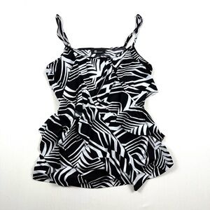 90s Y2K Tiered Ruffle Black and White Abstract Print Camisole Going Out Tank Top